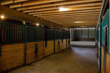Interior of a wooden horse stable with empty stalls and tack hanging on doors.
