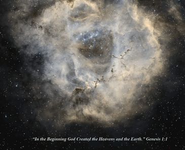 A cosmic nebula with stars and a Genesis 1:1 Bible verse.