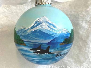 Orca Pass Hand painted Glass Ball Ornament With a Majestic snow capped mountain & a pair of Orcas