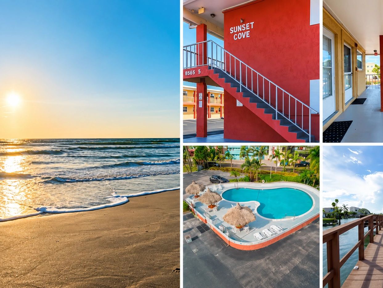 Sunset Cove motel, beach, pool, and water canal.