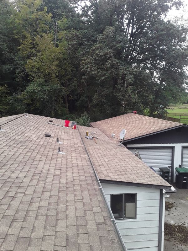 View of a residential roof with tools and trees in the background.