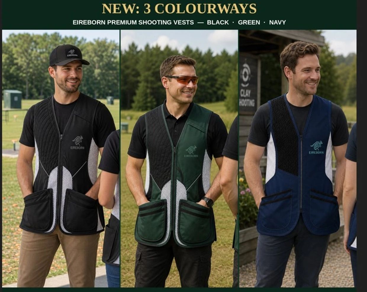 Clay shooting vests designed in Perth, with custom club colours and pocket layouts. Eireborn Lifetime warranty