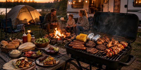 Family enjoying a barbecue by a campfire at sunset.