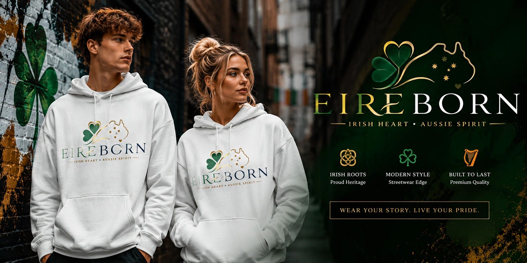 Logo combining Irish clover and Australian map with text 'EIRE BORN' and slogan.