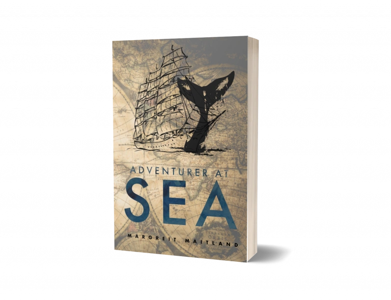 Book cover of "Adventurer at Sea" with a ship and whale tail illustration.