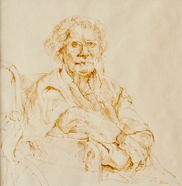 An elderly woman on a wheelchair