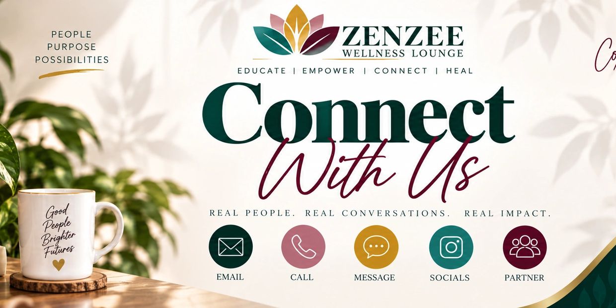 Zenzee Wellness Lounge promotional image for connecting via email, phone, message, socials, or partnership.