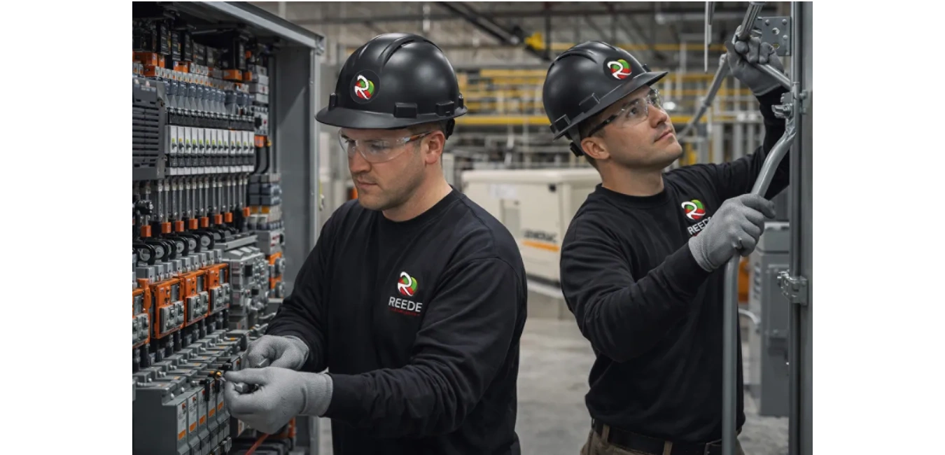 Two electricians are working, and a generator is in the background