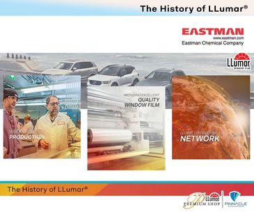 Eastman & LLumar history collage: production, quality window film and global distributor network.