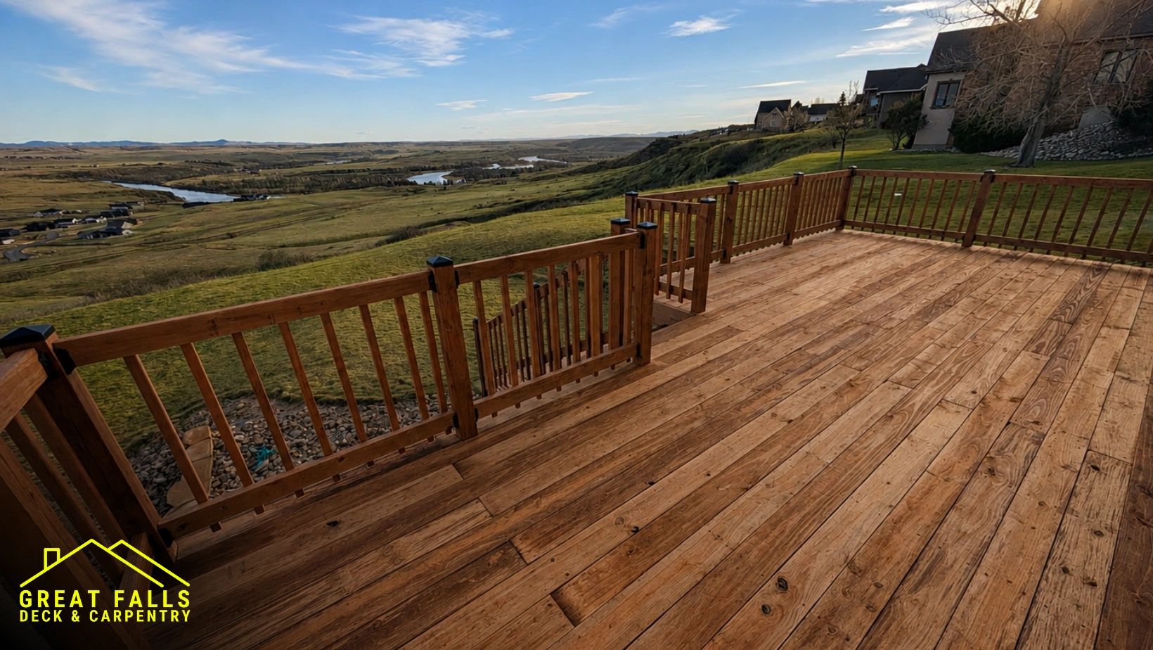Large elevated wood deck with color-treated decking in Great Falls, MT