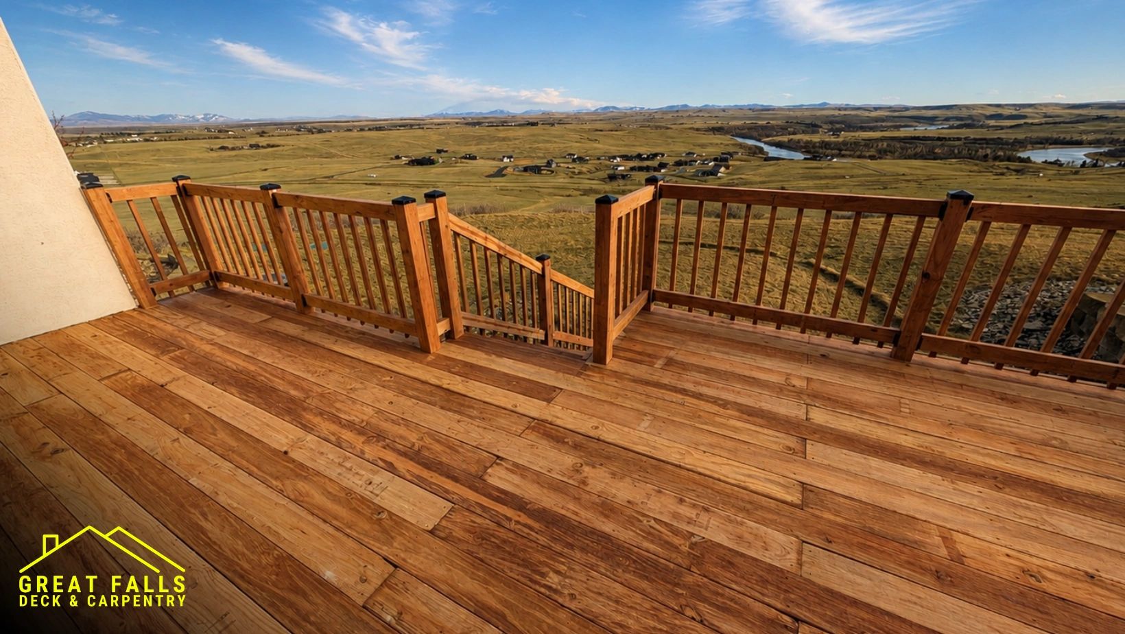 Custom pressure-treated wood deck overlooking the Missouri River near Great Falls, Montana