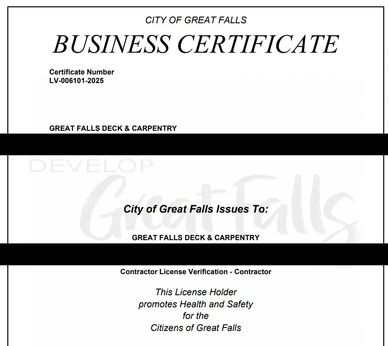 Business certificate issued to Great Falls Deck & Carpentry in Great Falls.