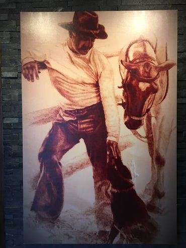 an illustration of a man with a horse and dog