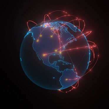Digital globe showing global network connections with glowing nodes and red arcs.