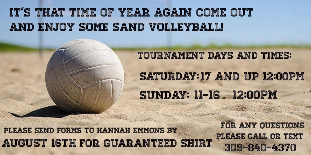 Sand volleyball tournament announcement with dates and contact info on sandy court background.