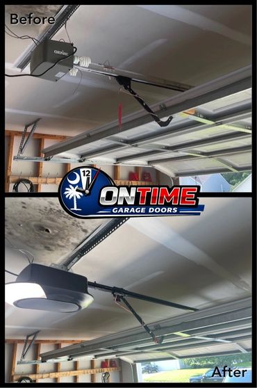 Before and after garage door opener replacement showing improved lighting and mechanism.