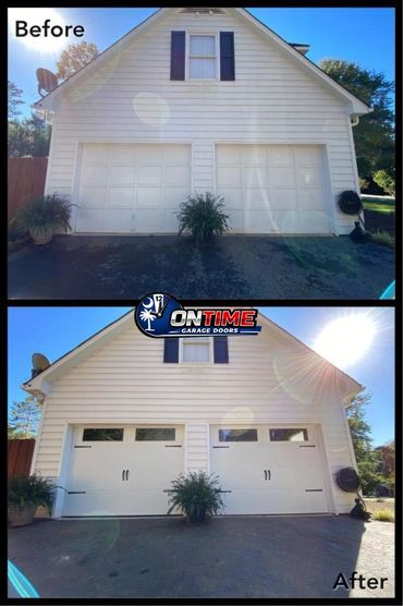 Before and after garage door replacement showing modern white doors with windows and handles.