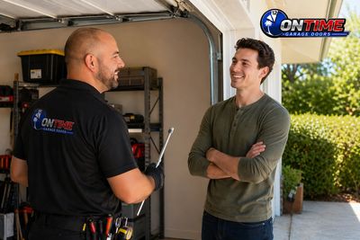 Garage door technician chatting with smiling customer.