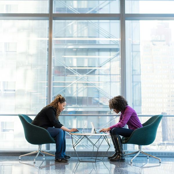 Two women working on laptops in a modern office with large windows.