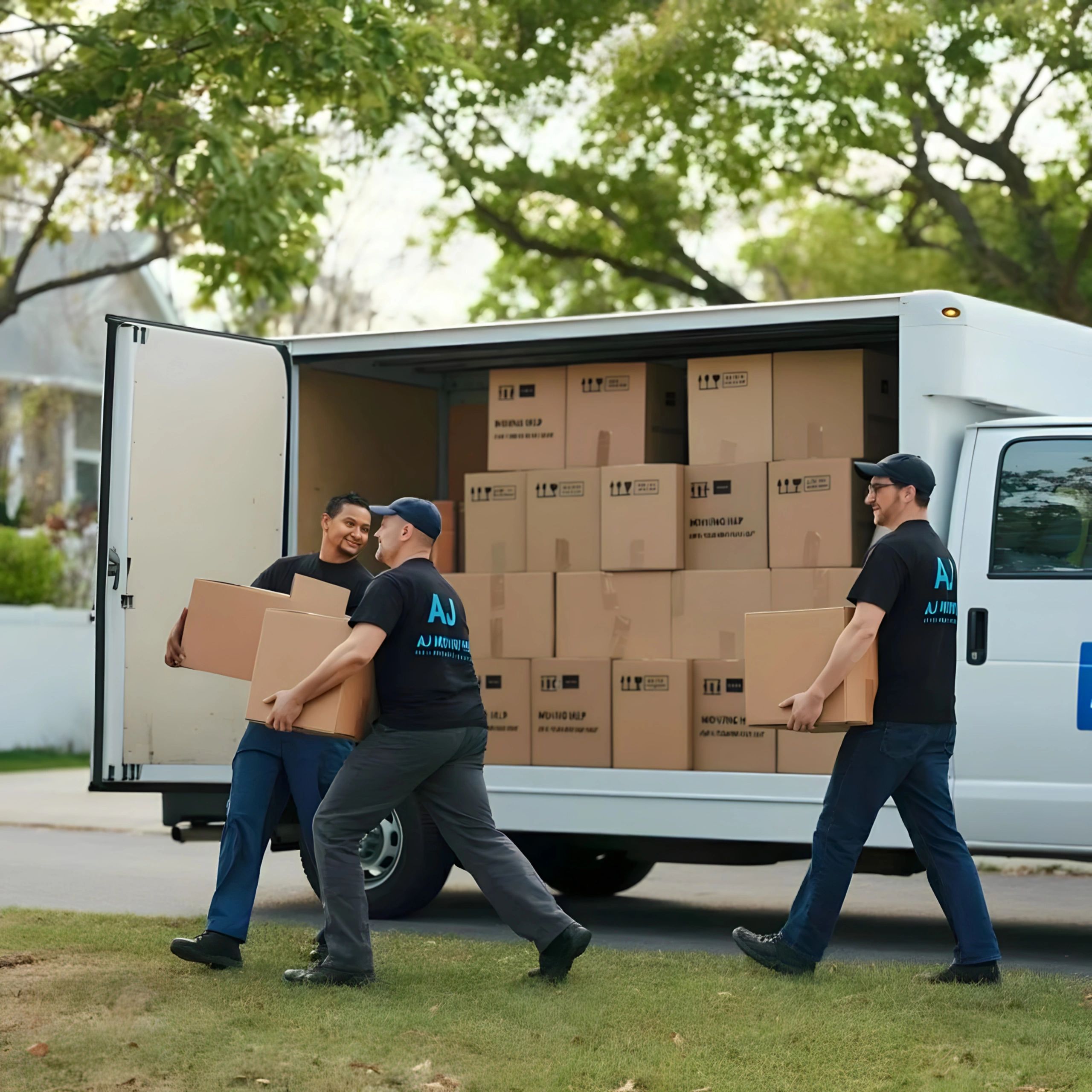 Three movers carrying boxes from a moving van in a residential area.
