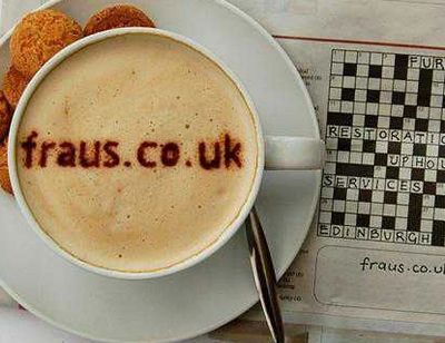 fraus : Furniture Restoration & Upholstery Services. Coffee, cookies and crossword logo.