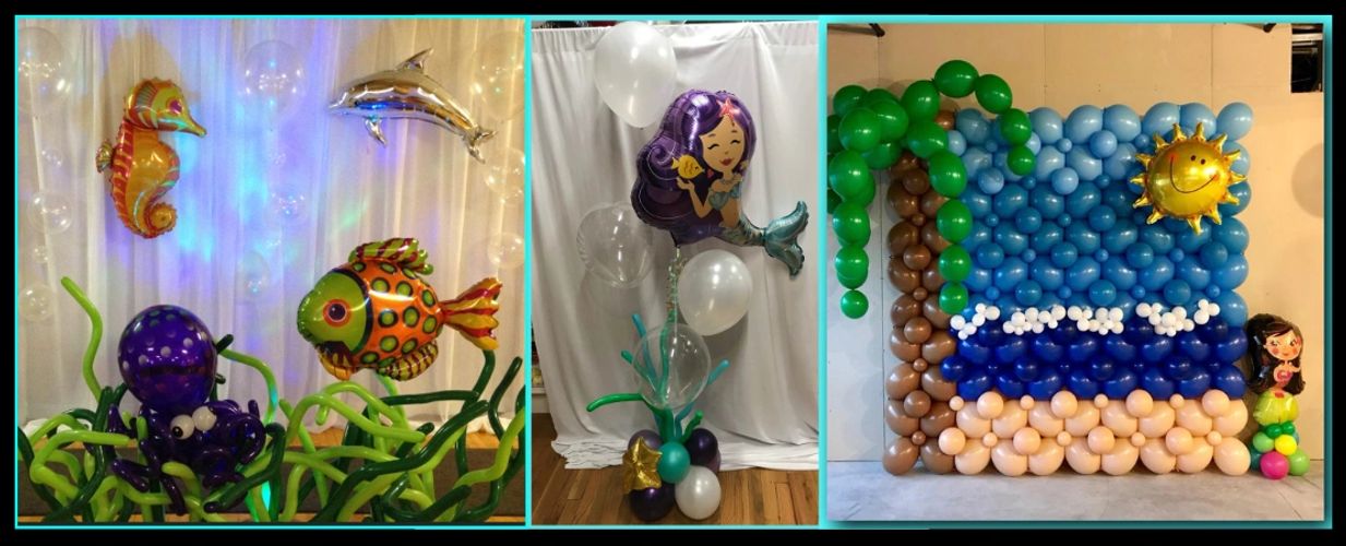 Luau & under the sea-themed balloon decor. Mermaid, dolphin, palm tree, balloon wall, backdrop.