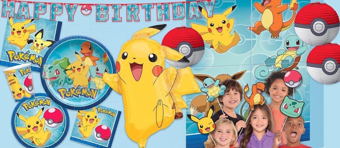 Pokemon party supplies, tableware, decorations and balloons.