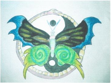 Abstract art piece of a snake, butterfly and ying-yang symbols.