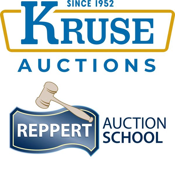 Logos for Kruse Auctions and Reppert Auction School with a gavel graphic.
