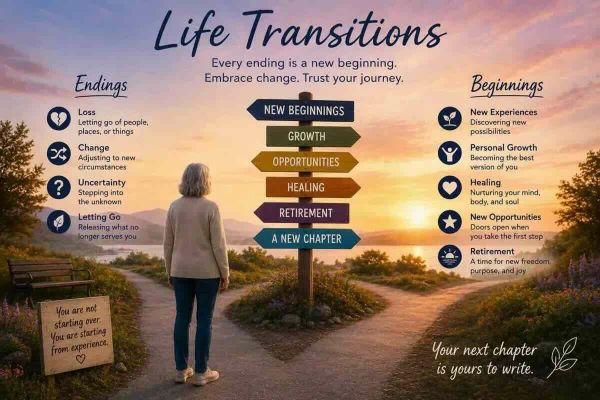 Life transitions graphic showing endings, new beginnings, growth, healing, and personal change