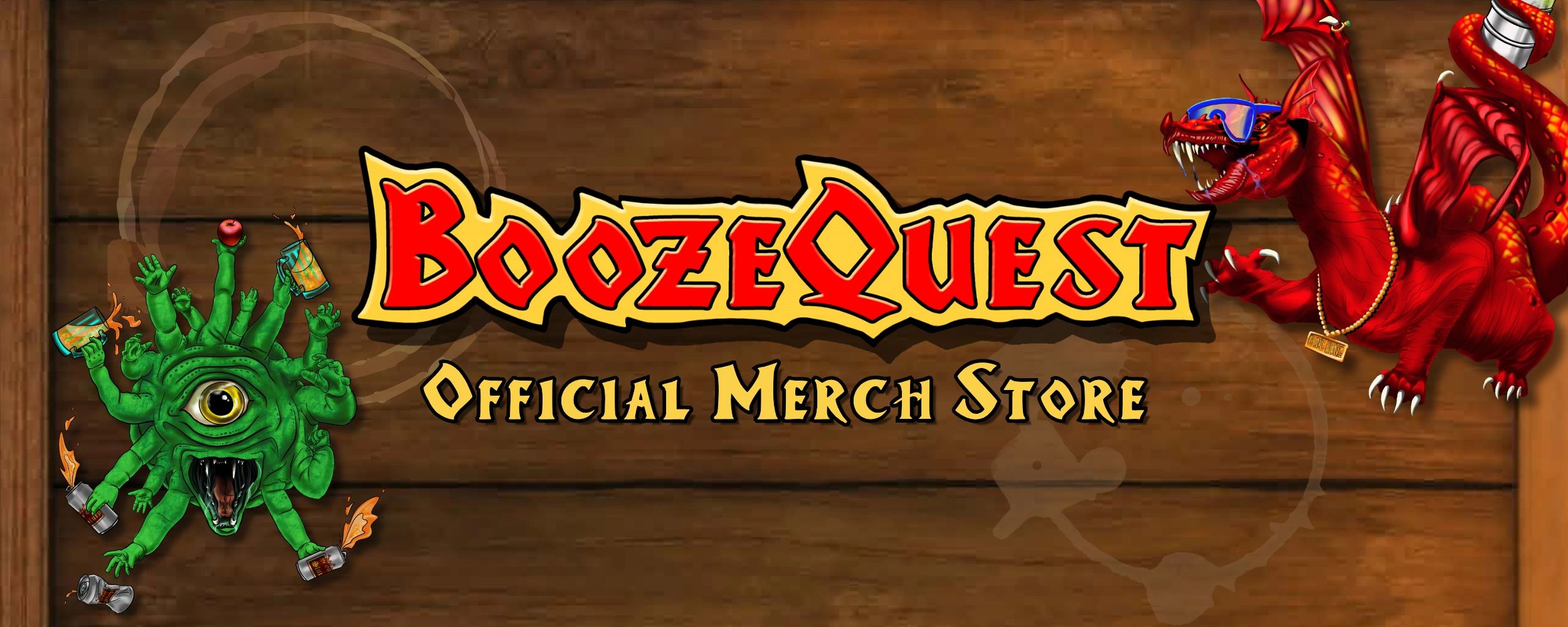 BoozeQuest Official Merch Store banner with fantasy creatures.