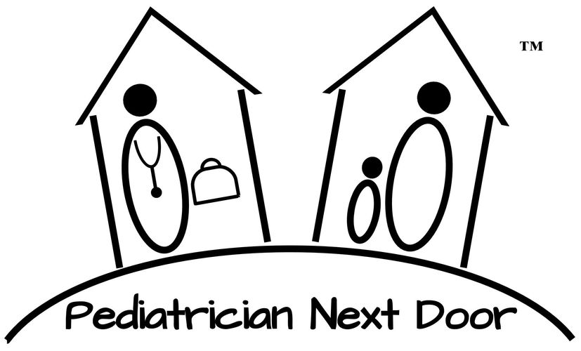Pediatrician Next Door logo pediatrician with medical bag in one house and family in adjacent house