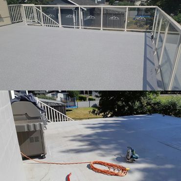 Side-by-side comparison of a worn deck and newly installed vinyl decking membrane