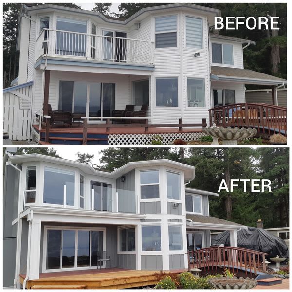 Before and after of a house exterior renovation showing new Hardie siding and vinyl decking updates in including window replacements