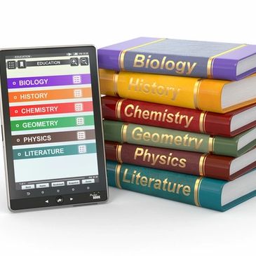 A tablet with different academic subjects, and a stack of books with the same subjects