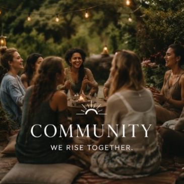 Group of women gathering outdoors with text about community.