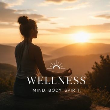 Silhouette meditating at sunset with wellness text.