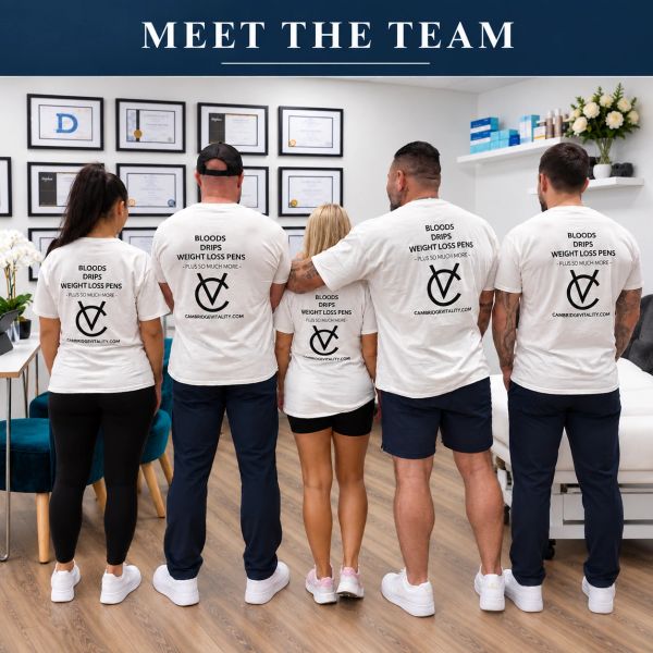 Team of five wearing branded shirts showing company services.