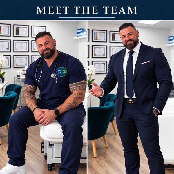 Man in medical scrubs and suit, posing professionally.