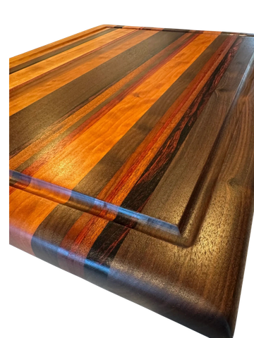 Polished wooden surface with striped pattern.