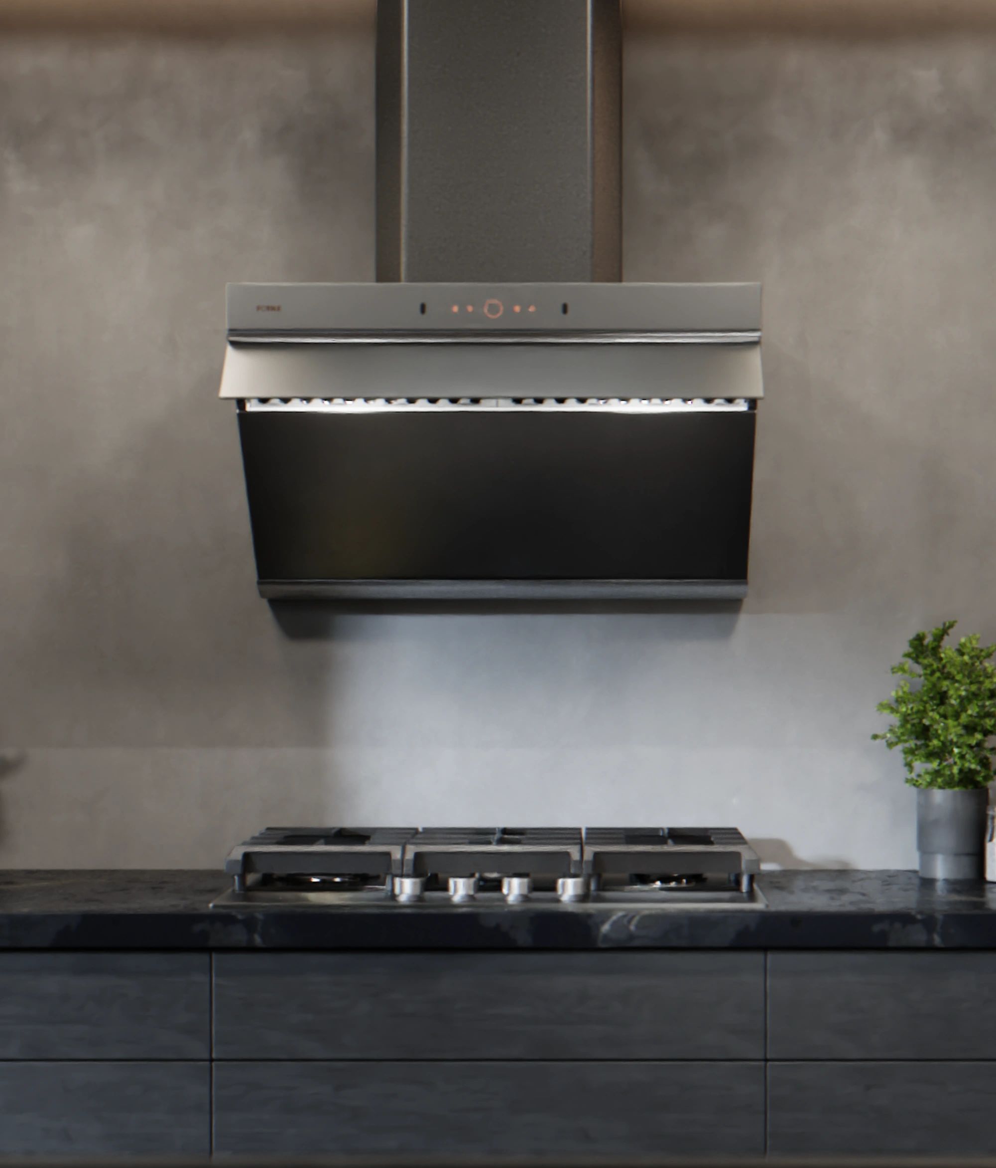 Fotile range hood and cooktop in a modern Winnipeg kitchen, sold and installed by VL Appliance