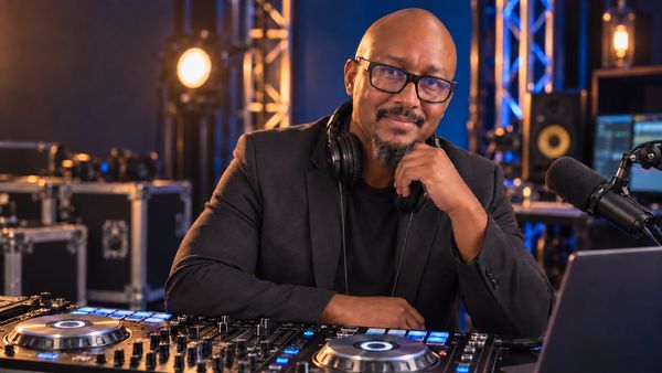 Jason J. Knight seated behind DJ equipment
in a professional media studio.