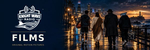 Four people walk on a wet walkway with a city skyline at dusk.