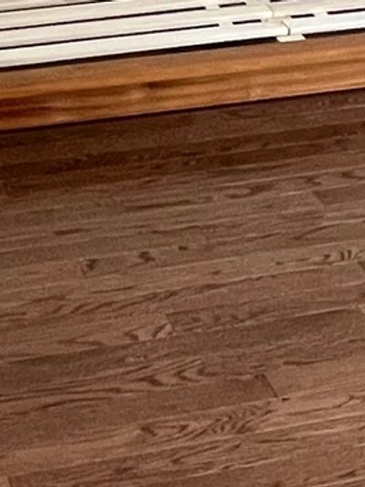 Close-up of a wooden floor with a bench edge.
