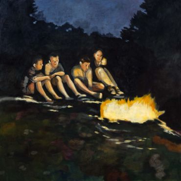 Four children sitting around a campfire, oil on panel painting