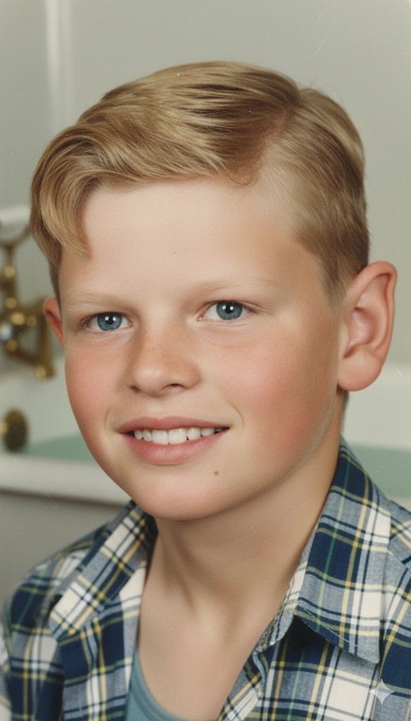 Portrait of a young boy with blonde hair and blue eyes smiling.