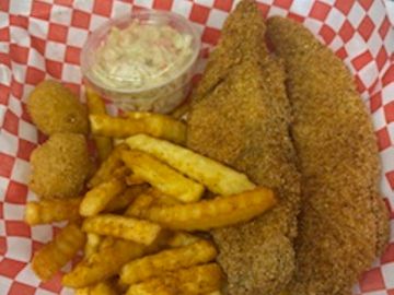 catfish baskets come with fries or onion rings, coleslaw, hush puppies, and a drink.
one piece-  15.