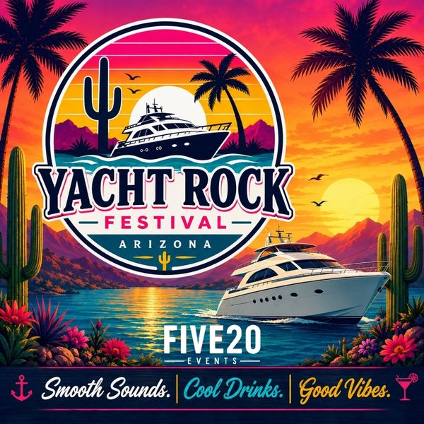 Colorful Yacht Rock Festival poster with tropical and desert elements.