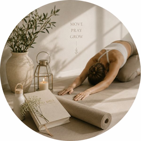 Woman practicing yoga with a Bible and candle nearby.
