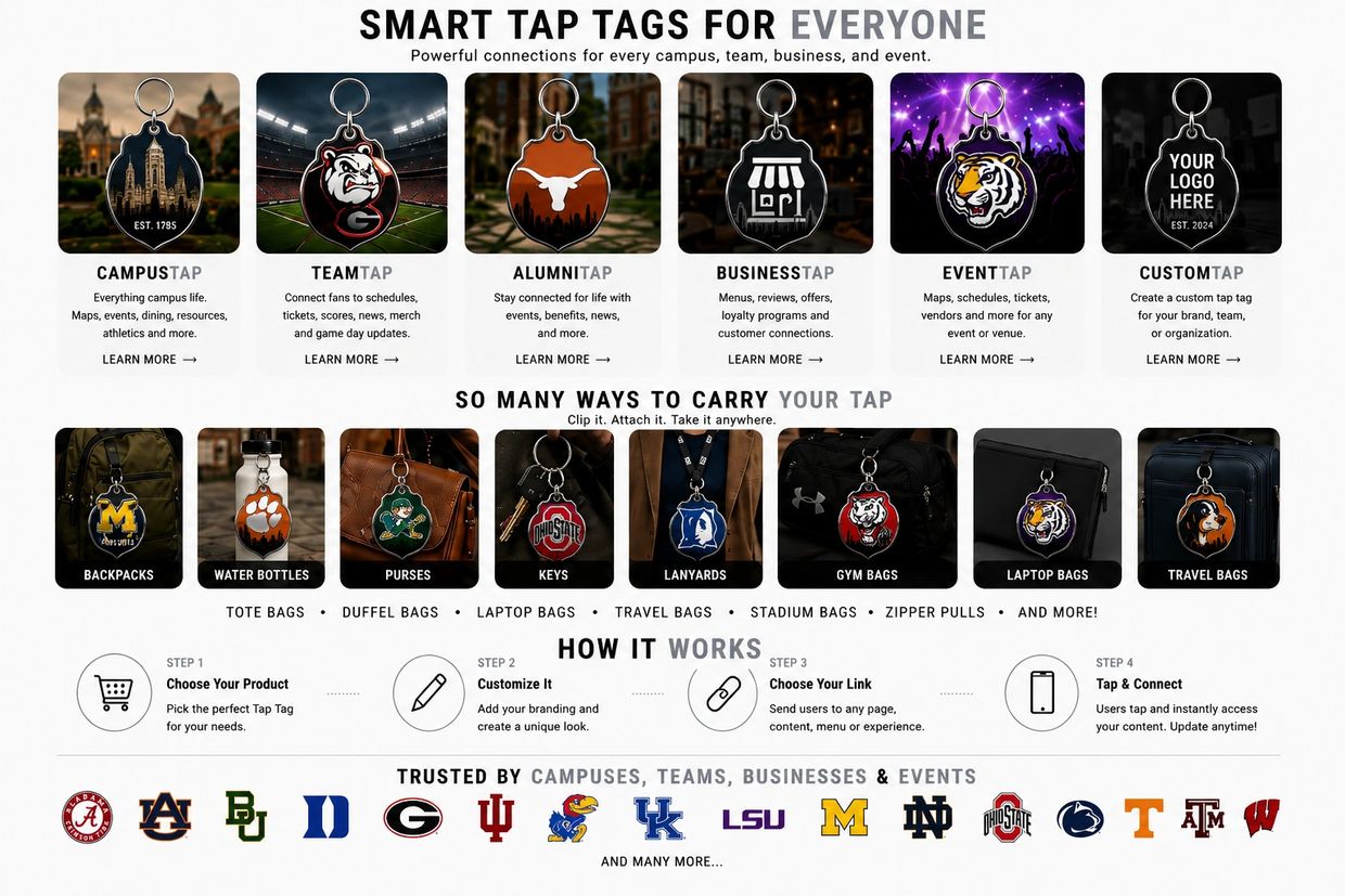 Smart Tap Tags offer customizable keychains for campuses, teams, businesses, and events with easy carry options.